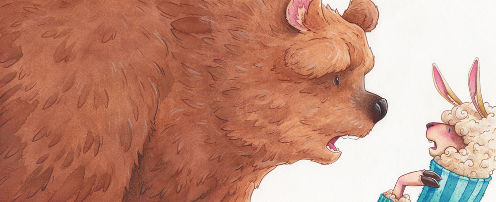 a large bear is speaking to a frightened looking llama in a sweater