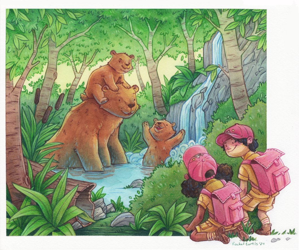 three bears are swimming in a pond and are observed by two campers