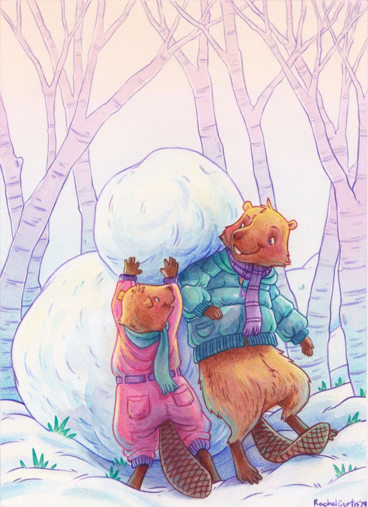 two beavers are building a snowman together in a pastel landscape