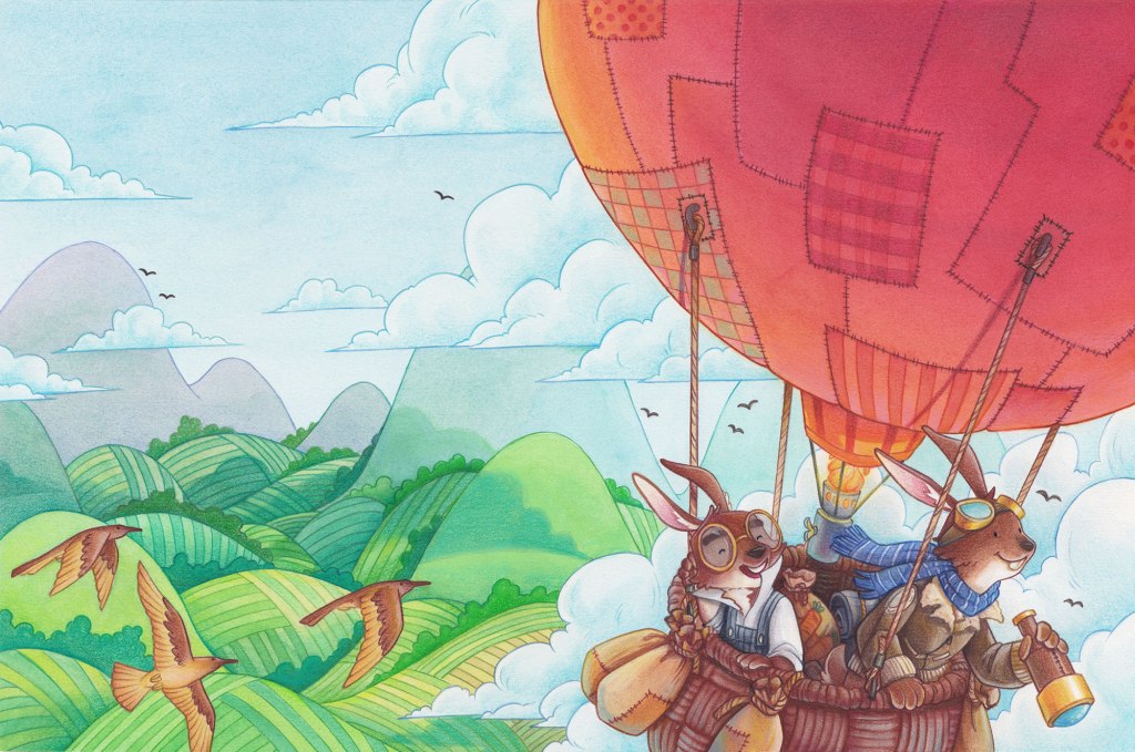 two bunnies in a red balloon flying over a patchwork landscape