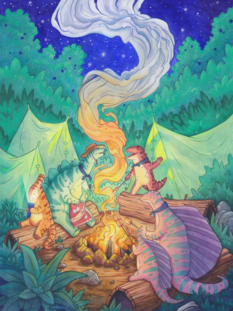 various dinosaurs around a campfire enjoying marshmallows under the stars
