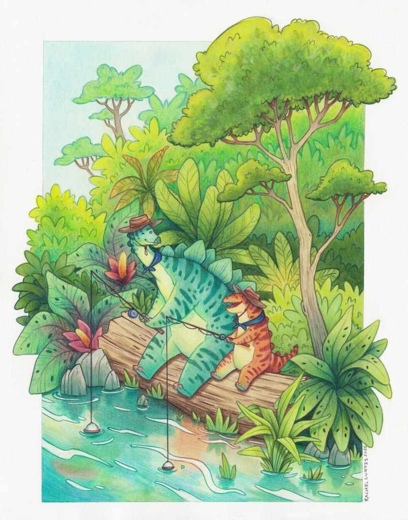 two dinosaurs sitting on a log fishing in the river surrounded by trees