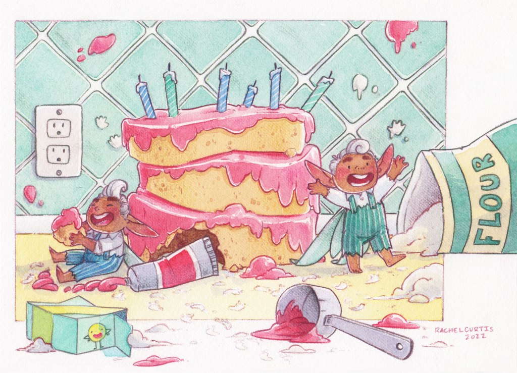 two mischievous elves have gotten into a birthday cake with pink drippy icing and six candles and made a mess