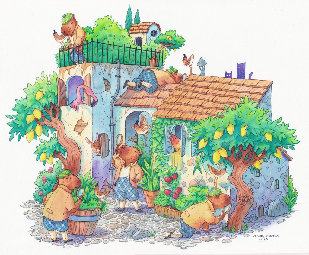 a detective capybara is looking for clues in a town filled with lemon trees and cobblestone strees. The capybara and his bird companion appear five times.