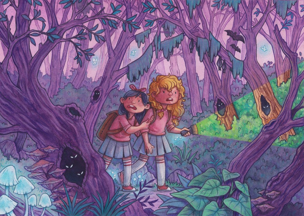 two girls in skirts are exploring a haunted forest at night