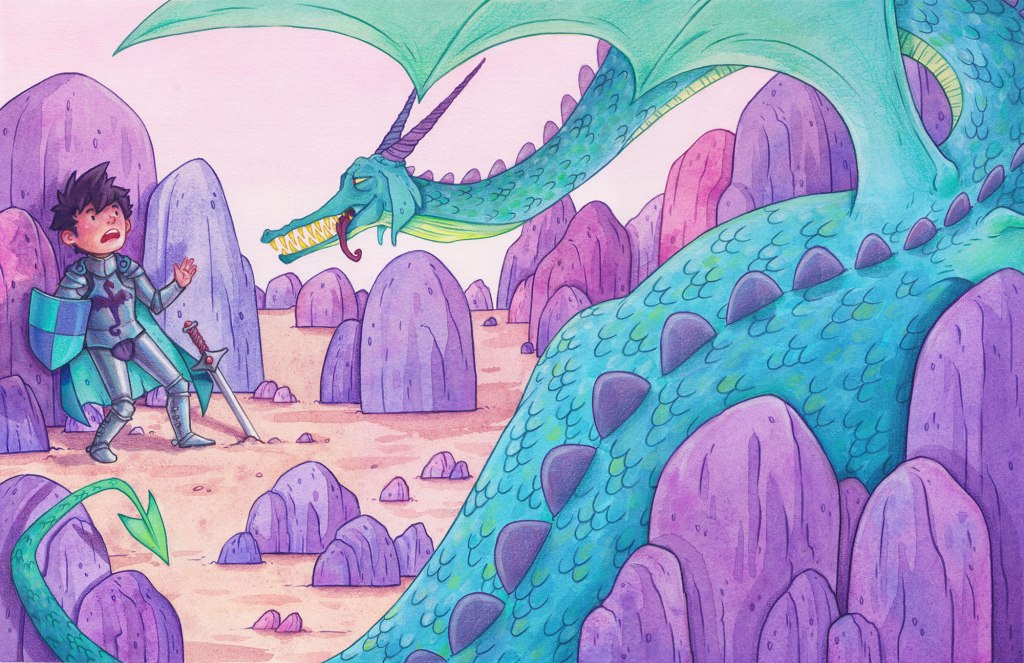 a teal dragon surrounded by purple rocks is menacing a young knight