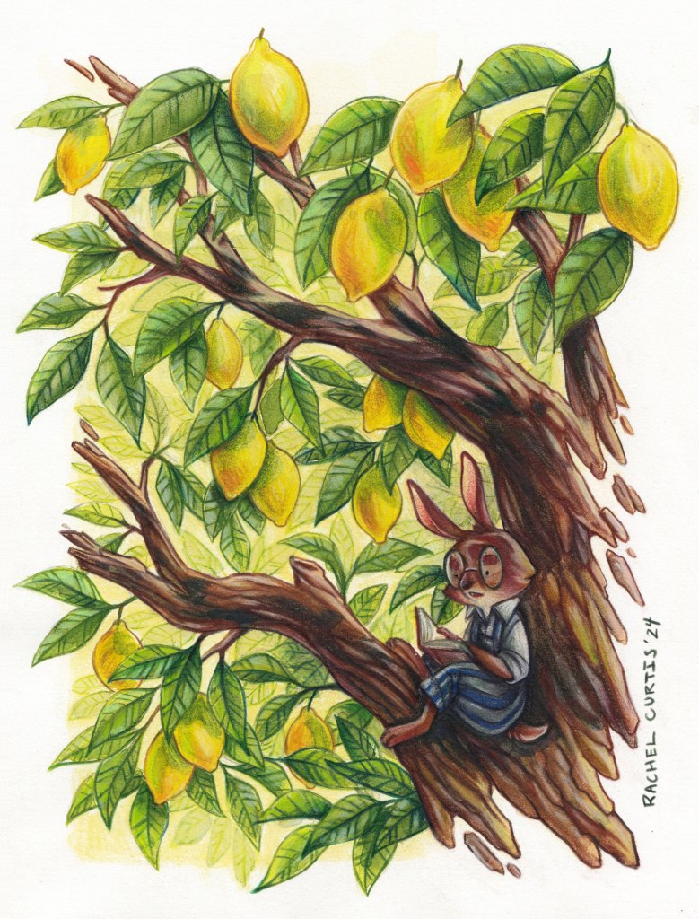 a bunny sits with his journal in a tree that is full of lemons