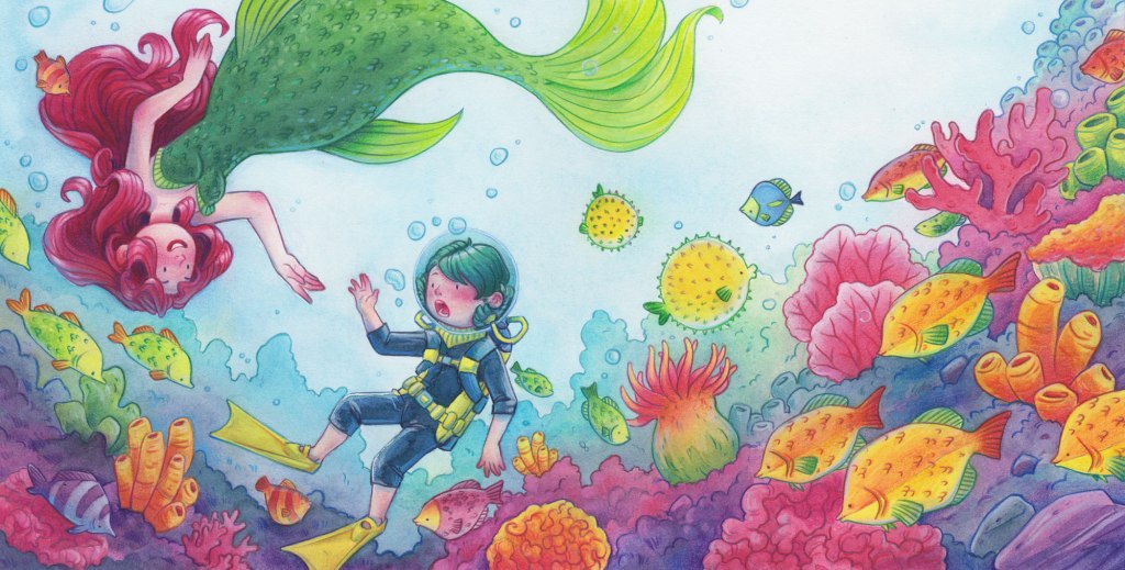 a youthful scuba diver encounters a mermaid in a coral reef
