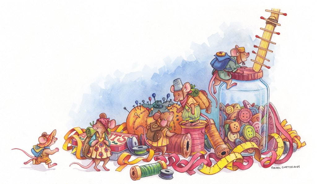 mice climb on jars of buttons and over thread to reach a ladder made of matchsticks. The mice are wearing cute outfits.