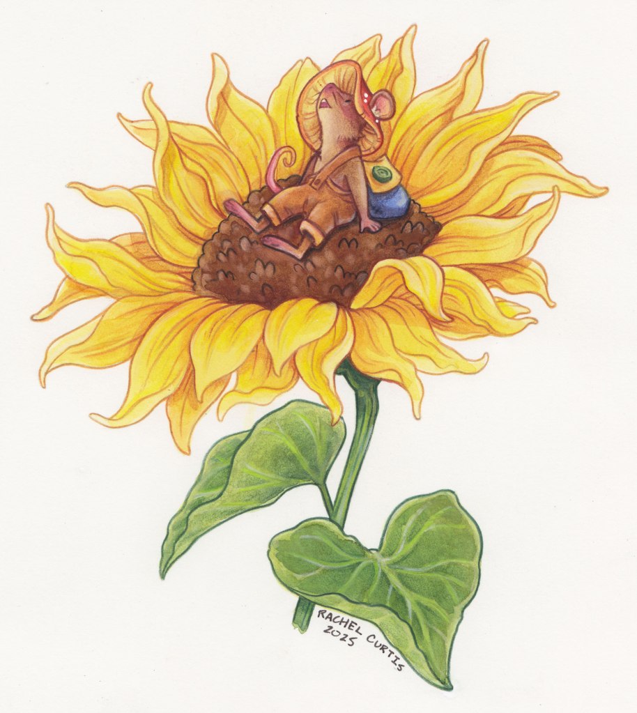 a mouse sits in the center of a sunflower looking at the sky.