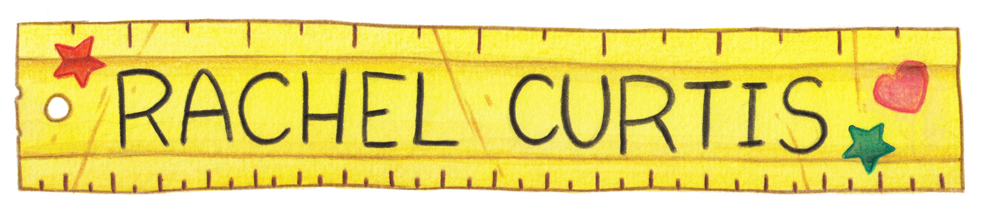 a yellow ruler with the name rachel curtis written on it