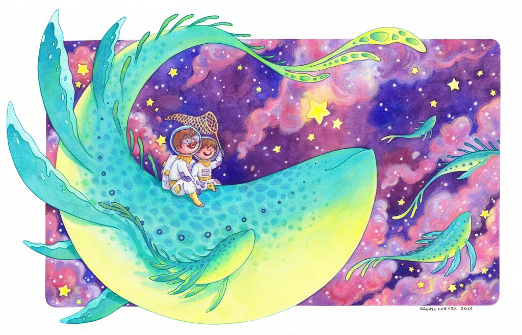 a father and son ride a space whale through a nebula of pink and purple clouds and glowing yellow stars