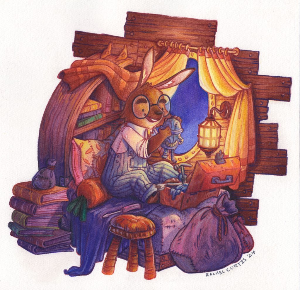 a bunny attempts to figure out a mechanical device while sitting in his bed.  There is a carrot pillow and lots of books.