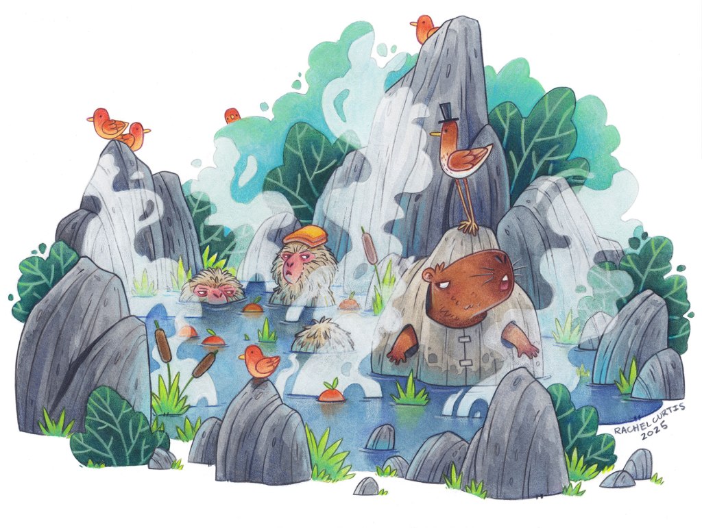 Francisco the Capybara spies on three macaques to hear what they are saying.