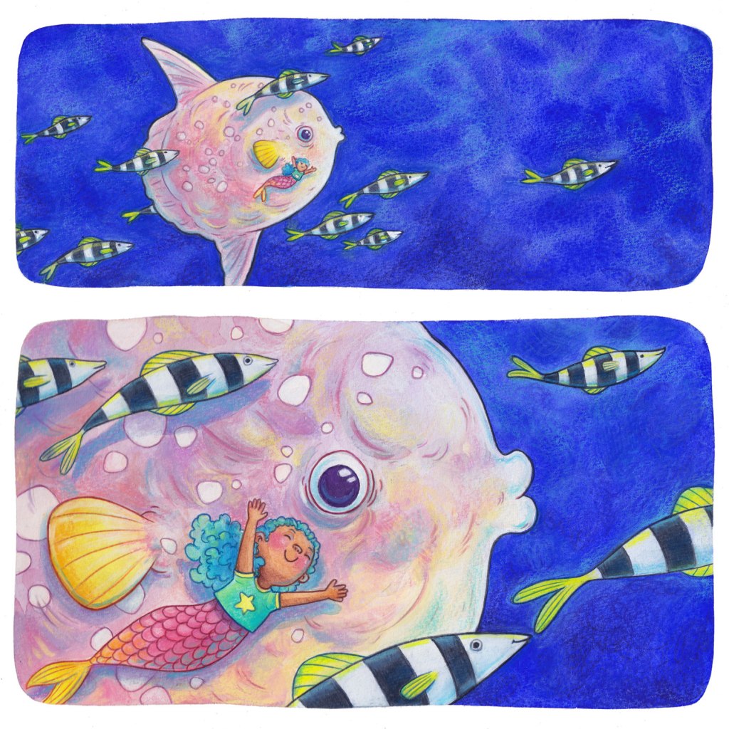 A tiny mermaid swims to catch up with a Sunfish (Mola Mola) in the blue ocean.