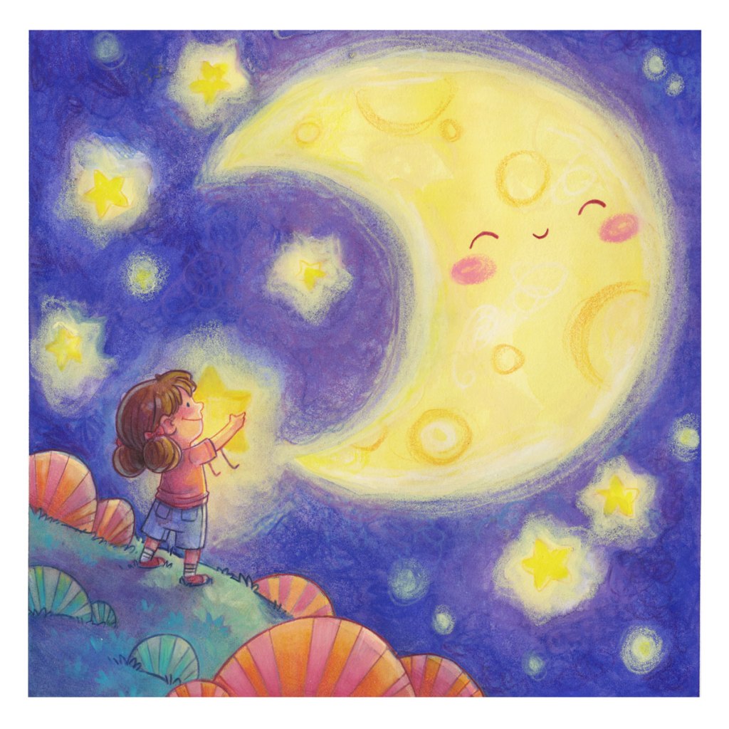A small girl has brought a star back to show to the moon, can someone help her get it back into the sky?